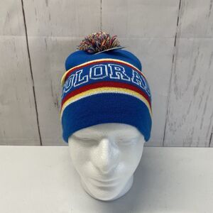 Colorado Pom Beanie Hat Unisex Adult One Size Fits Most Blue Yellow Red White